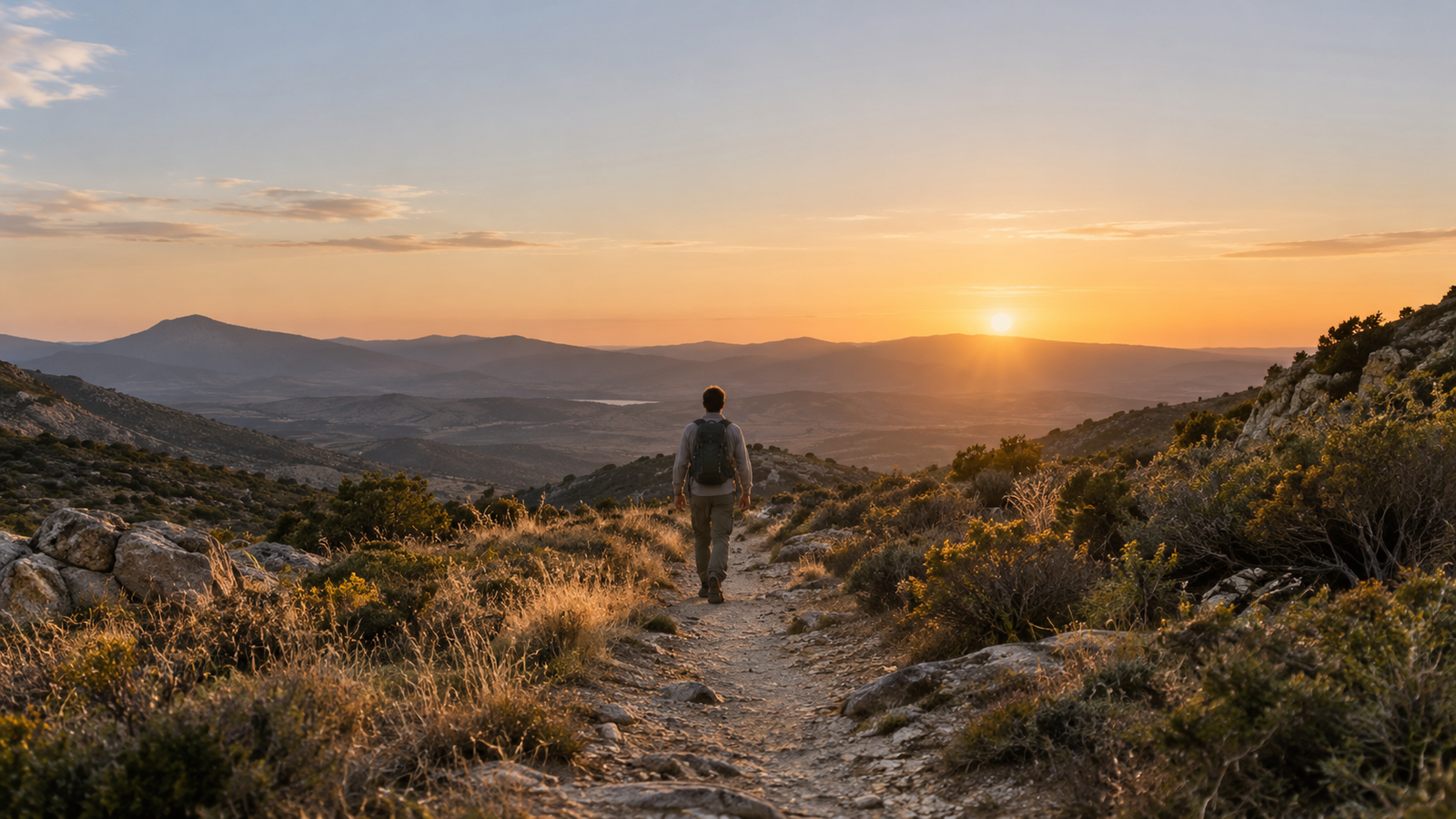 Senderista anónimo visto de espaldas recorriendo un camino de montaña al amanecer con ropa técnica y mochila